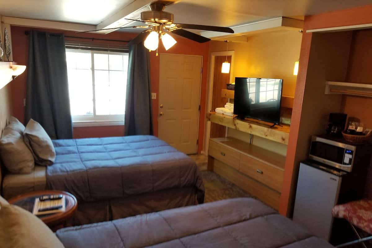A hotel room with two beds, a ceiling fan, a television, a microwave, and a small table with books.
