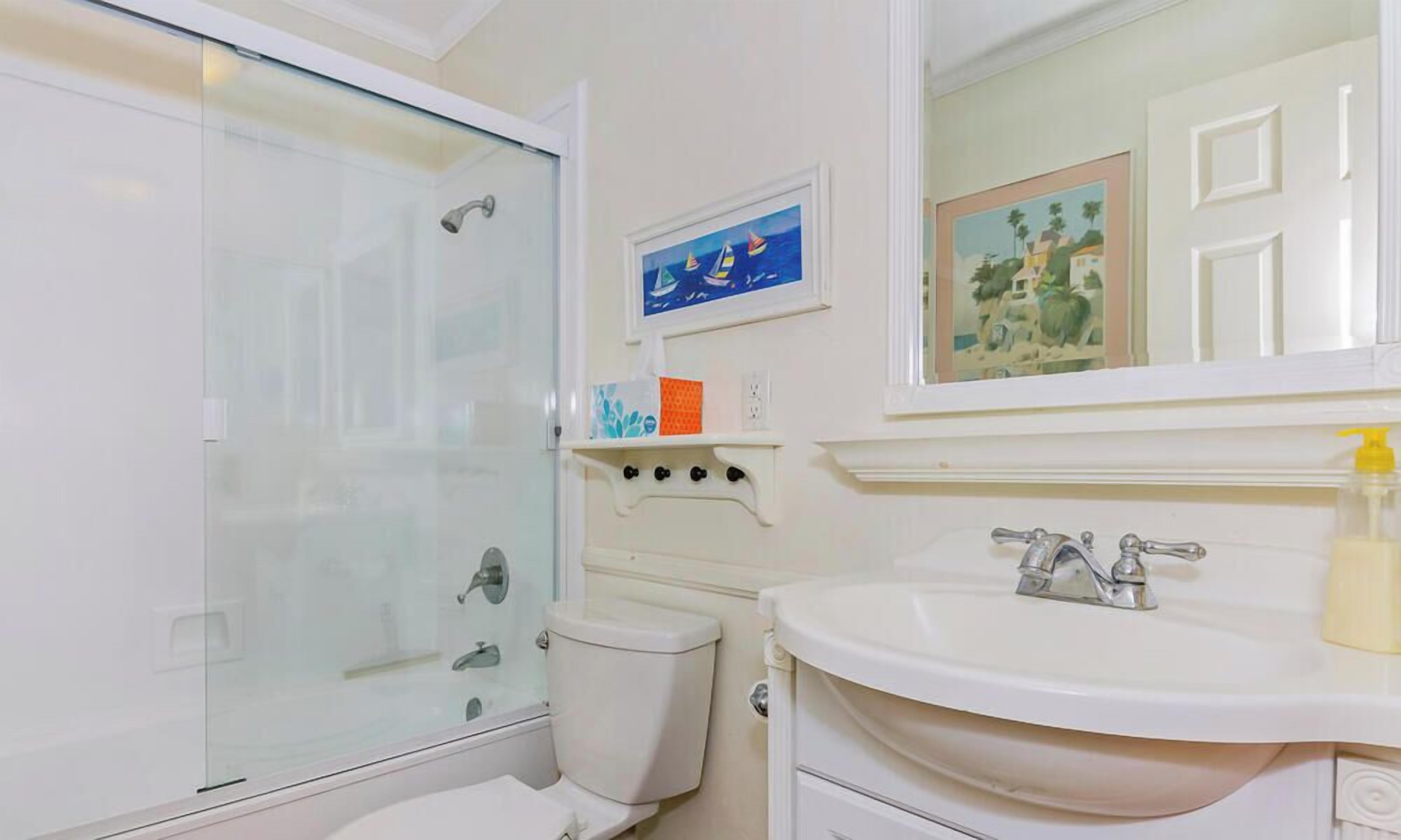 Een badkamer met een douchecabine van glas, een wit toilet, een wastafel met spiegel erboven en twee foto's in lijsten aan de muur.