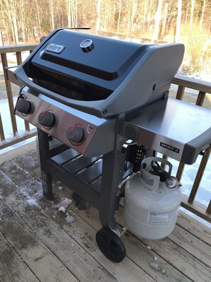 Una parrilla de gas portátil con panel de control, tanque de propano y rejilla metálica.