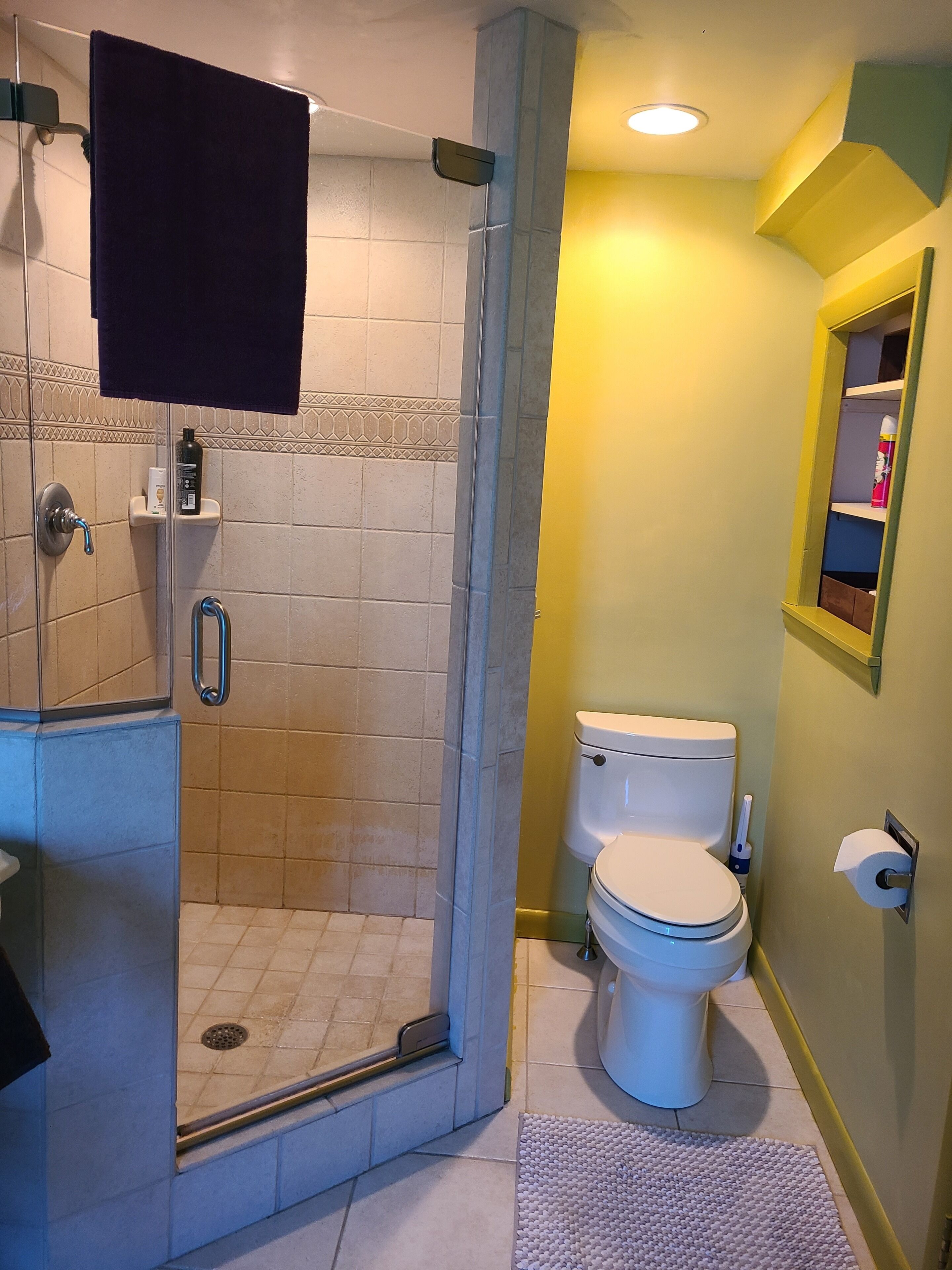 Een badkamer met douche, toilet en een klein schapje met toiletartikelen.
