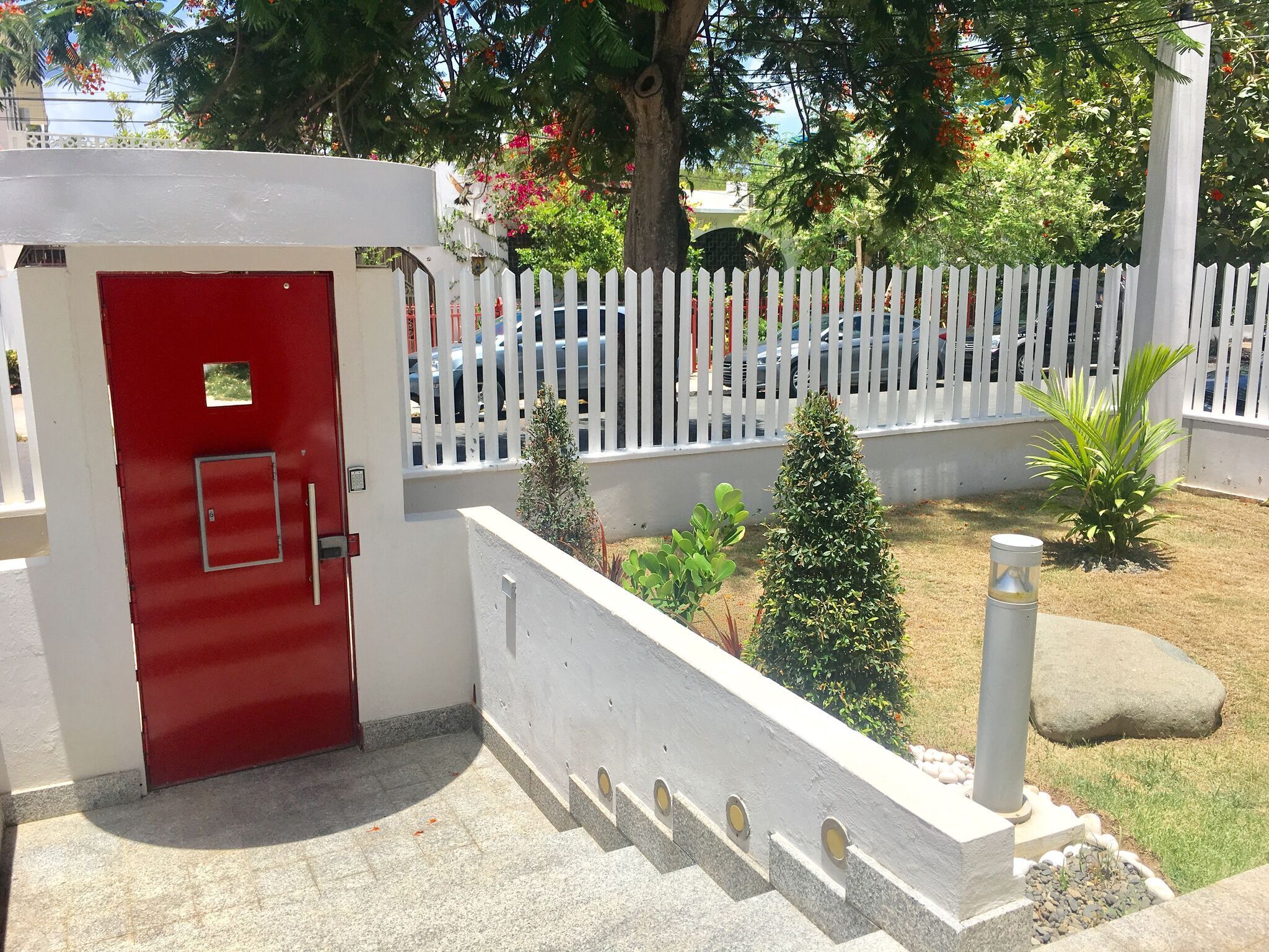 Una puerta roja con un ventanal pequeño, una cerca blanca de piquetes y un pequeño jardín con una palmera y una roca.