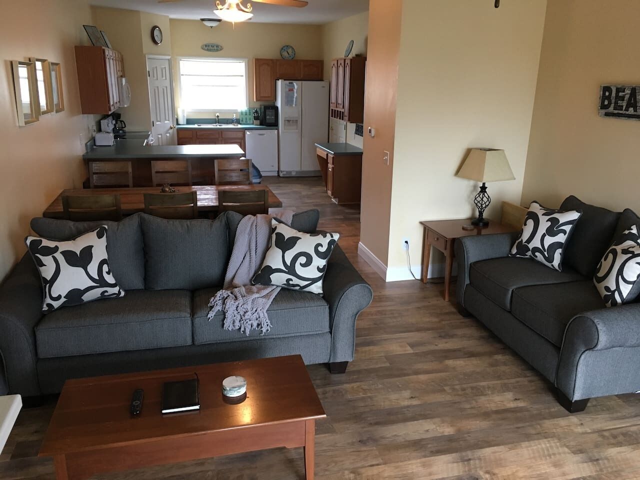 Flat-screen TV, video games, DVD player, foosball