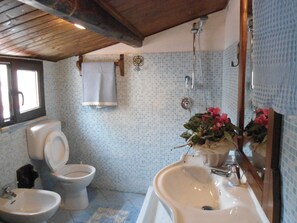 Douche, sèche-cheveux, bidet, serviettes fournies