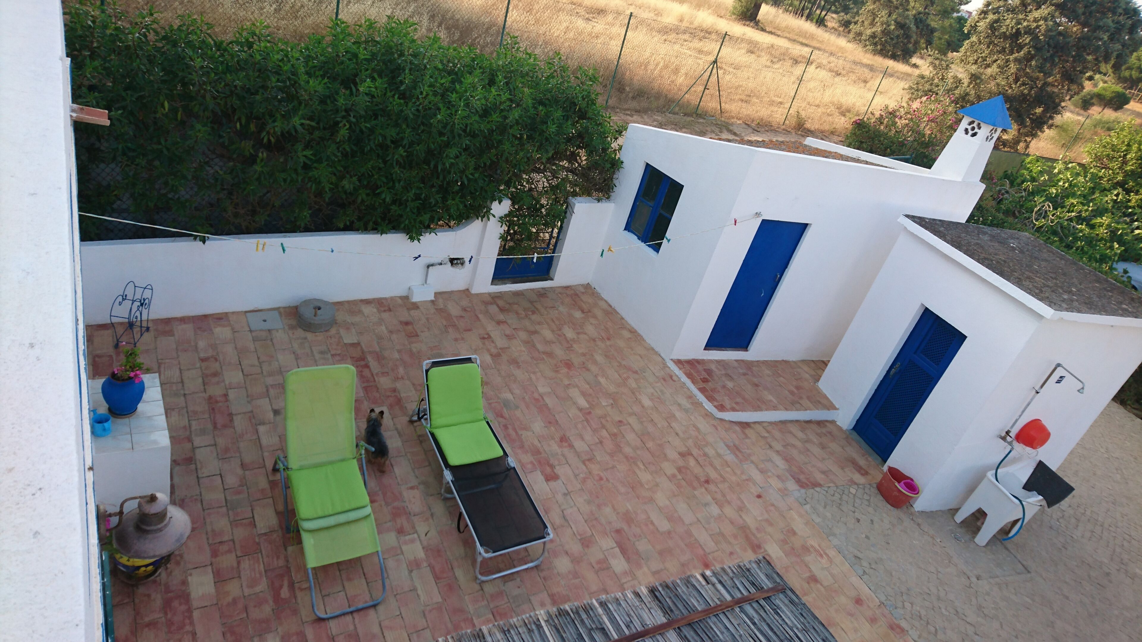 A covered outdoor patio with two green lounge chairs, a small table, and a potted plant.