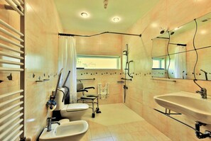 Een bad/douchecombinatie, een bubbelbad, een haardroger, een bidet