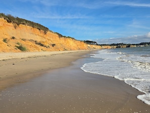 Une plage de sable fin aux vagues douces, une falaise verdoyante et un ciel dégagé.