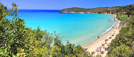 A coastal beach with clear turquoise waters, a sandy shore, and lush greenery.