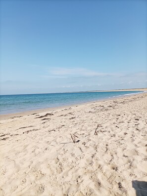 A sandy beach with clear blue water and a distant shoreline.