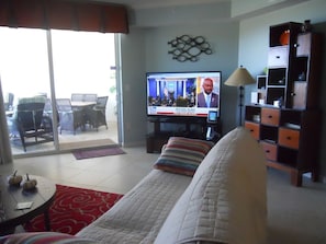 Smart-TV, DVD-spiller, bøker og stereoanlegg