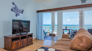 Smart TV, fireplace, books