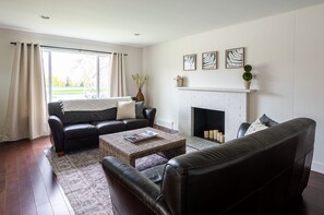 Smart TV, fireplace, books