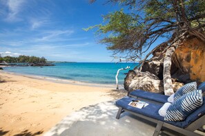 On the beach, sun loungers, beach towels