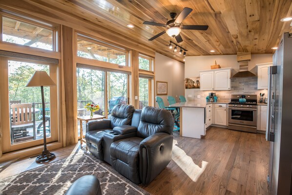 Smart TV, fireplace, video games, DVD player