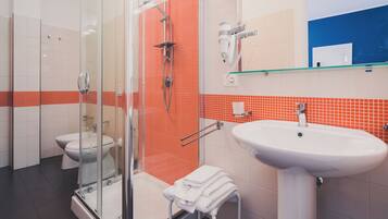 Comfort Double Room Single Use, Accessible, Balcony | Bathroom | Shower, free toiletries, hair dryer, slippers