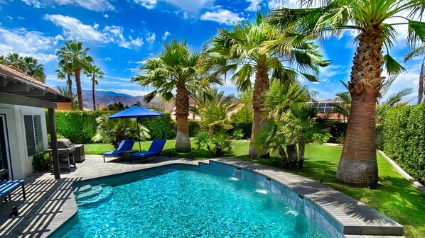 Outdoor pool, a heated pool - LARGE, PRIVATE Yard & Heated, Saltwater Pool/Spa, Detached Casita, Peloton (La Quinta)