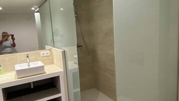 Combined shower/tub, hair dryer, bidet, towels