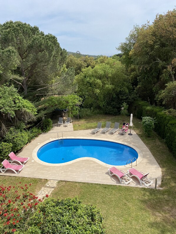 A swimming pool with lounge chairs and a paved deck surrounded by greenery.