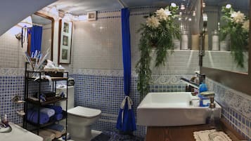 Hair dryer, bidet, towels, soap