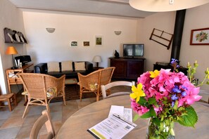 Televisión, chimenea, reproductor de DVD y tenis de mesa 