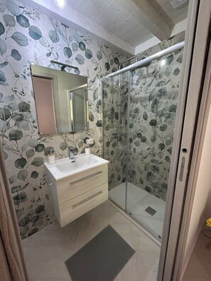 Douche, séchoir à cheveux, bidet, serviettes fournies