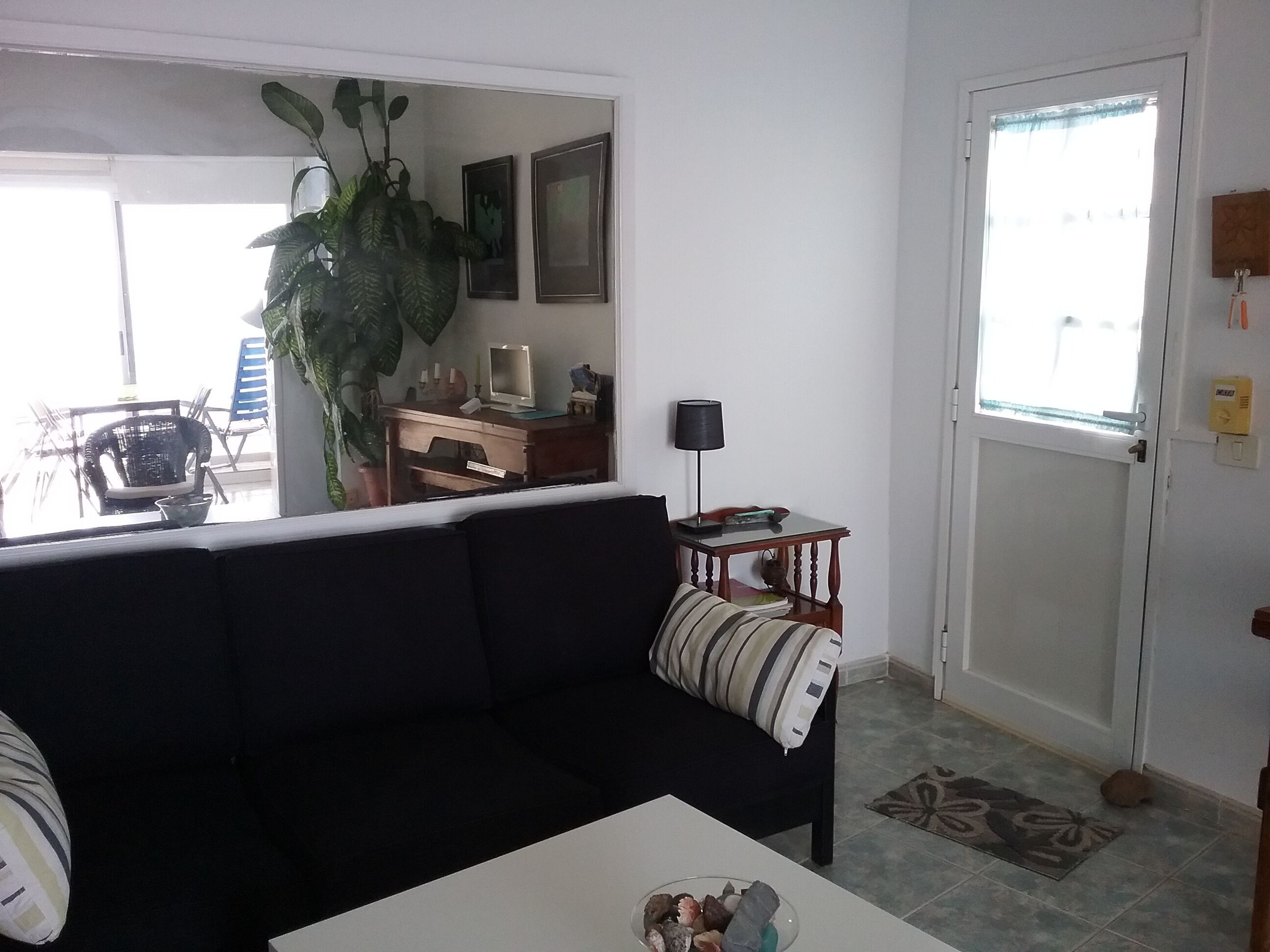 Sala de estar con un sofá oscuro, una mesa de centro con un adorno, una mesita de noche de madera con una lámpara, una planta grande en maceta y una puerta con ventanal.