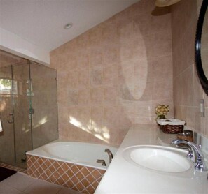 Combined shower/tub, hair dryer, towels, soap