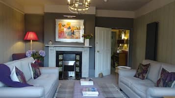 Smart TV, fireplace, DVD player, books