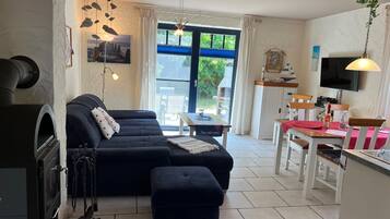 TV, fireplace, DVD player, books