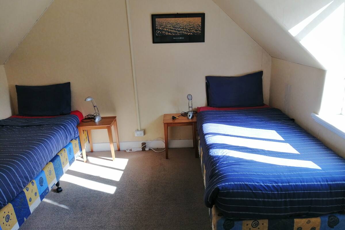 Una habitación pequeña y bien iluminada con dos camas, un escritorio y un cuadro colgado en la pared.