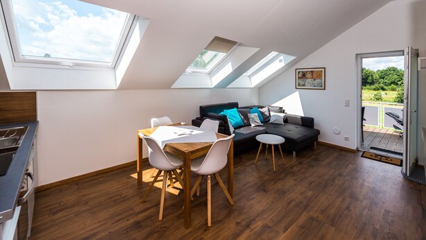 A modern loft apartment with skylights, a dining area, a sofa, and a view of the outdoors.
