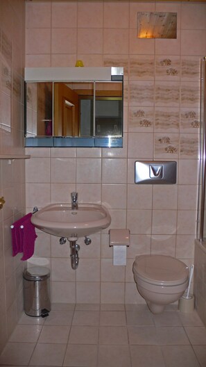 Combined shower/tub, hair dryer, towels, toilet paper
