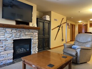 Smart TV, fireplace, streaming services, video library
