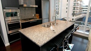 A modern kitchen with stainless steel appliances, granite countertops, and a large window offering a view of a high-rise building. - The Falls: The Waterfalls Hotel: Luxury Oasis at the Falls in Victoria, BC (Victoria)