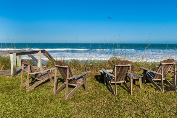 On the beach, sun-loungers, beach towels