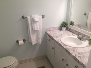 Suihkun ja ammeen yhdistelmä, hiustenkuivaaja, pyyhkeet, saippua