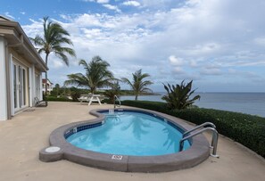 A swimming pool with a view of the ocean, surrounded by palm trees and a building.