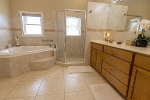 Combined shower/tub, jetted tub, hair dryer, bidet