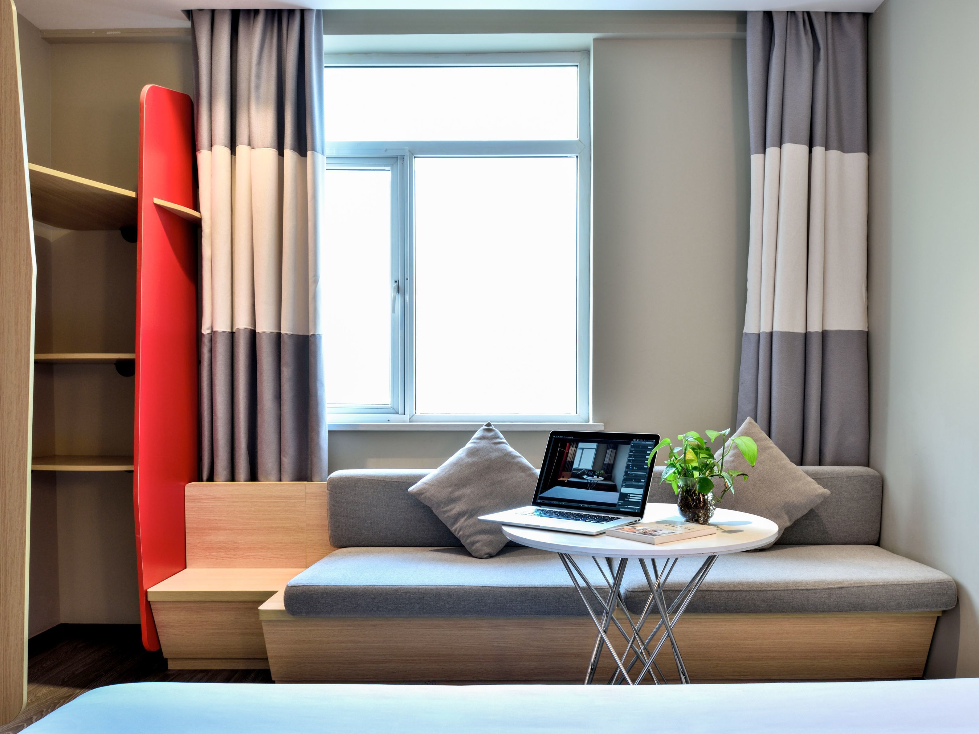 desk, blackout curtains, free wifi