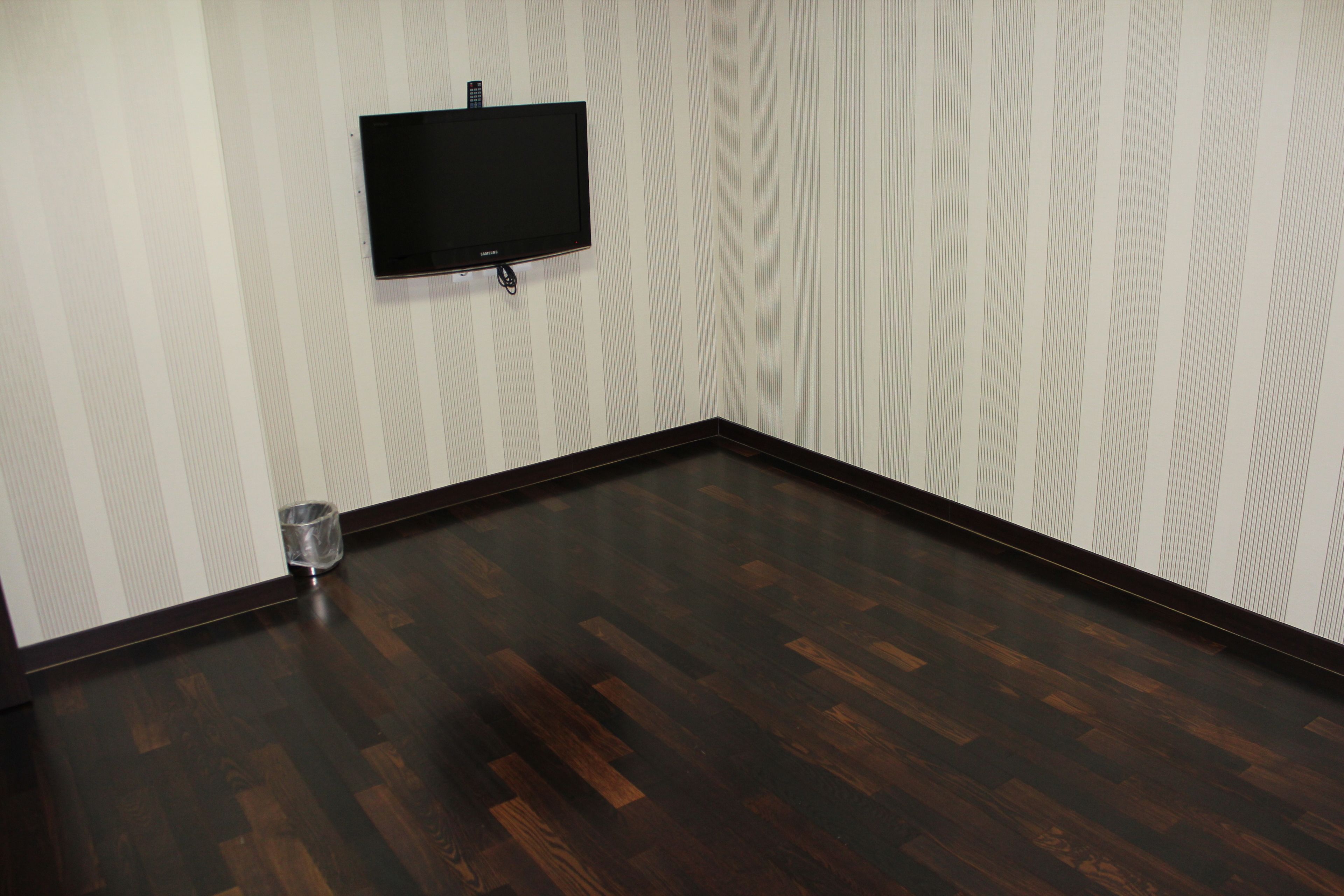 Una habitación con piso de madera oscura, un televisor montado en la pared y un cesto de basura.