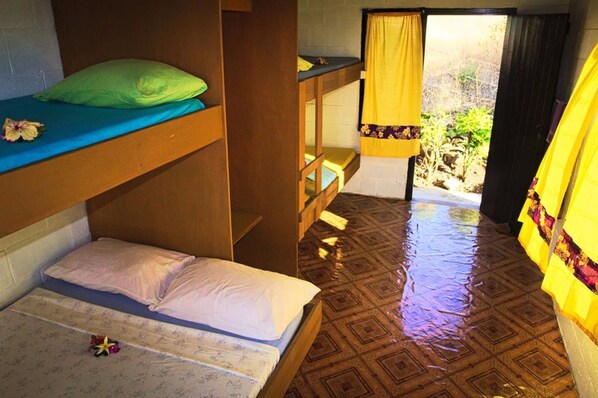 A dormitory room with bunk beds, a small table, and a window with curtains. - The Beehive Fiji (Rakiraki)