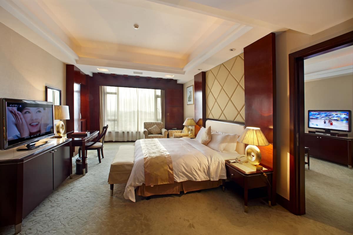 A hotel room with a large bed, a TV, a desk with a lamp, and a chair.