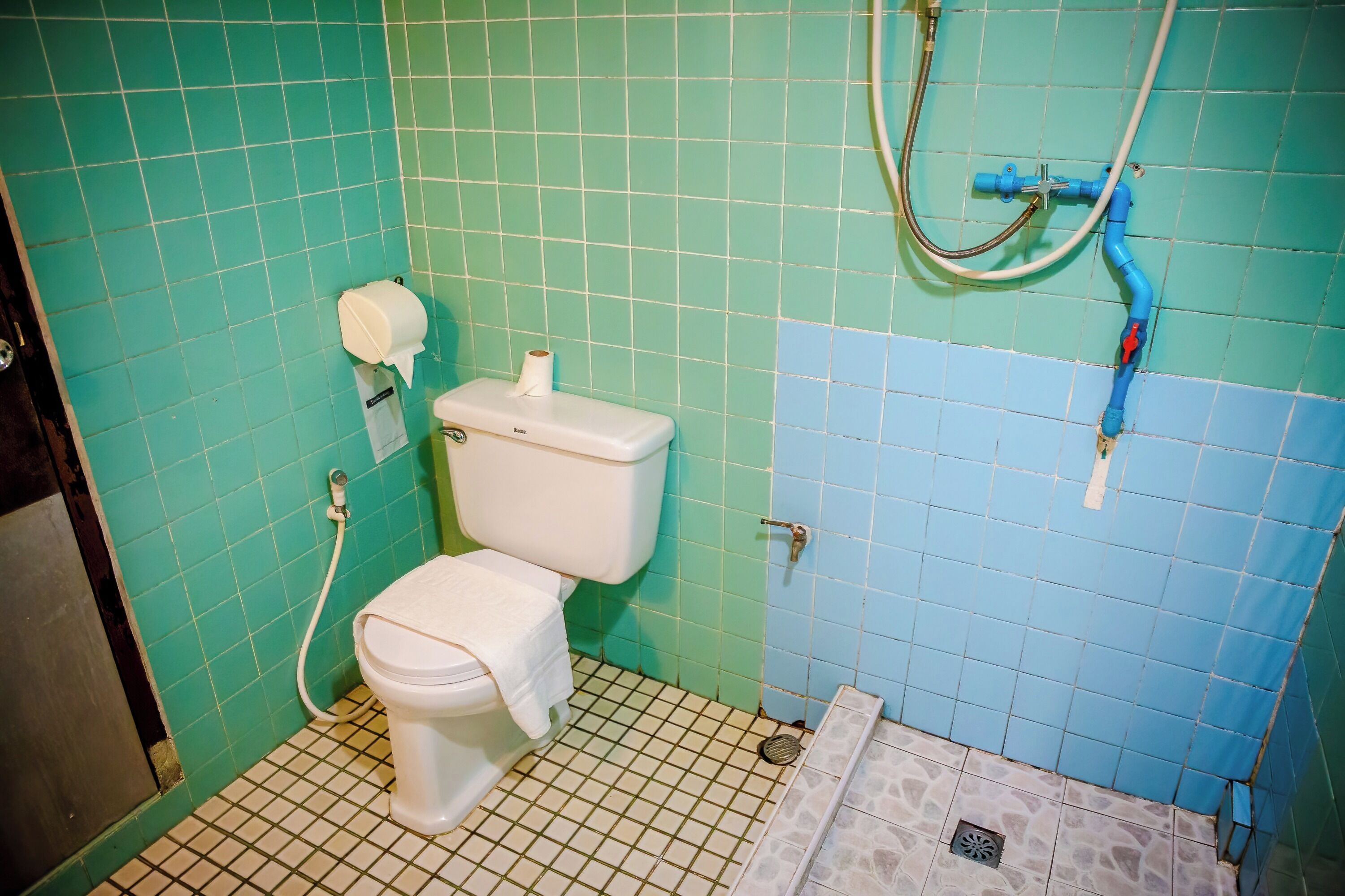 A bathroom with a toilet, a paper towel dispenser, and a shower hose.