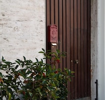 Uma porta marrom com uma caixa de correio e uma pequena planta na frente.