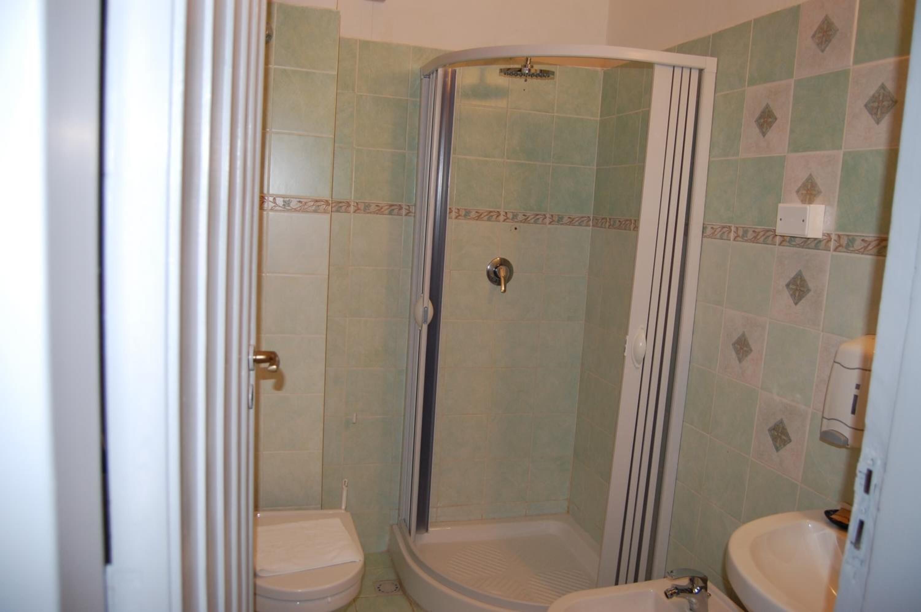 Une salle de bain avec douche, toilettes et lavabo.