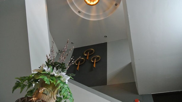 A modern interior with a ceiling light fixture, a wall-mounted decorative piece, and a potted plant.