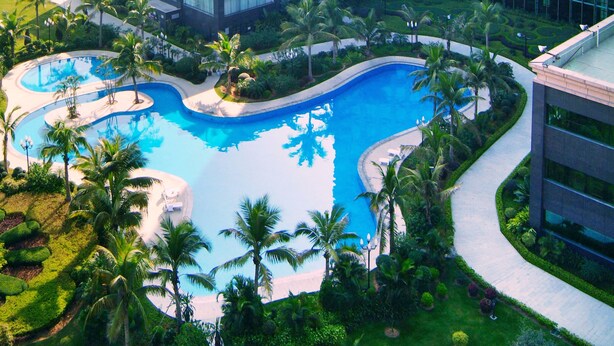 Una piscina amplia y serpenteante rodeada de palmeras y follaje, con edificios modernos al fondo.