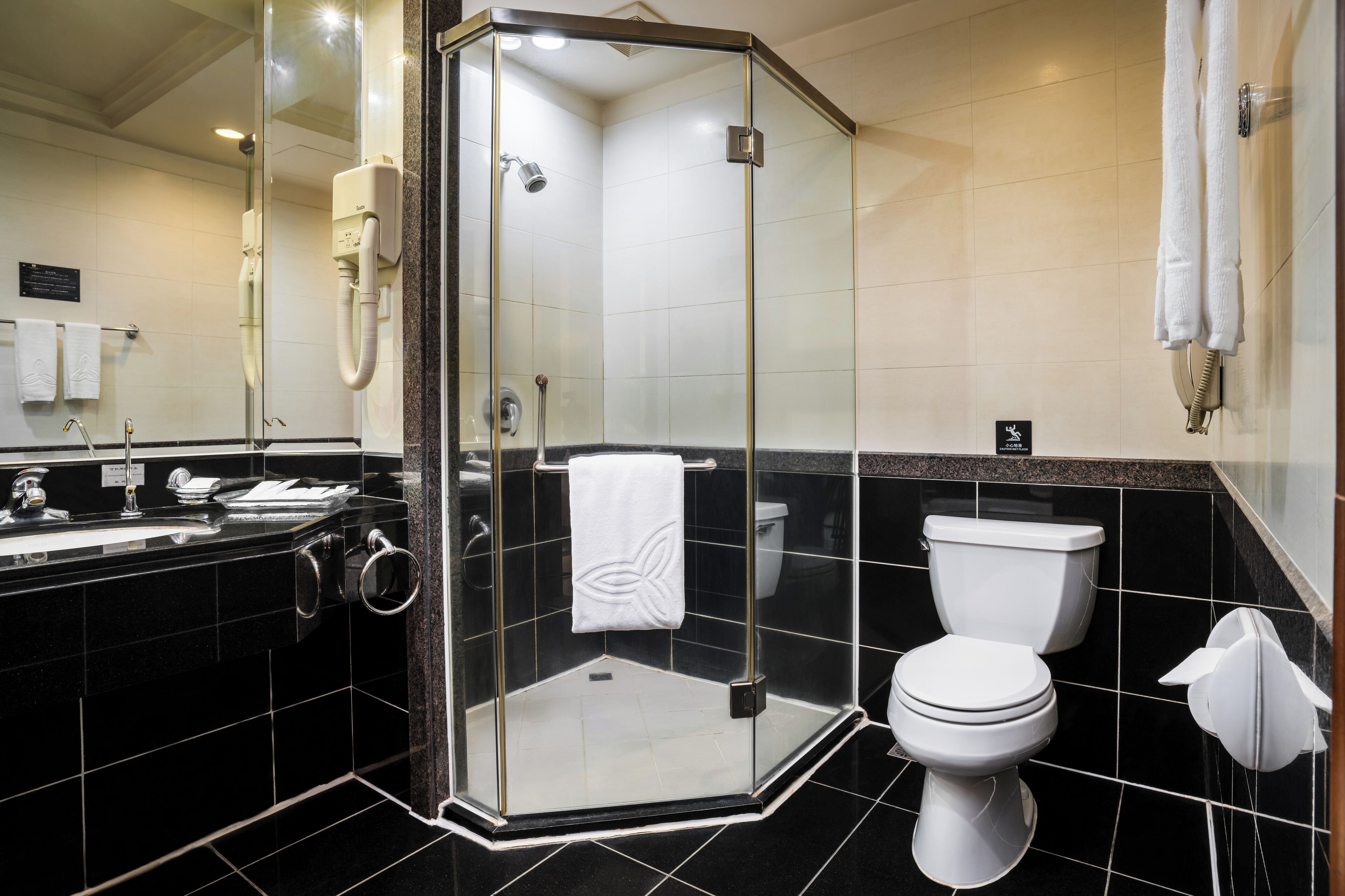 A modern bathroom with a glass-enclosed shower, a white toilet, and a black-tiled sink area.