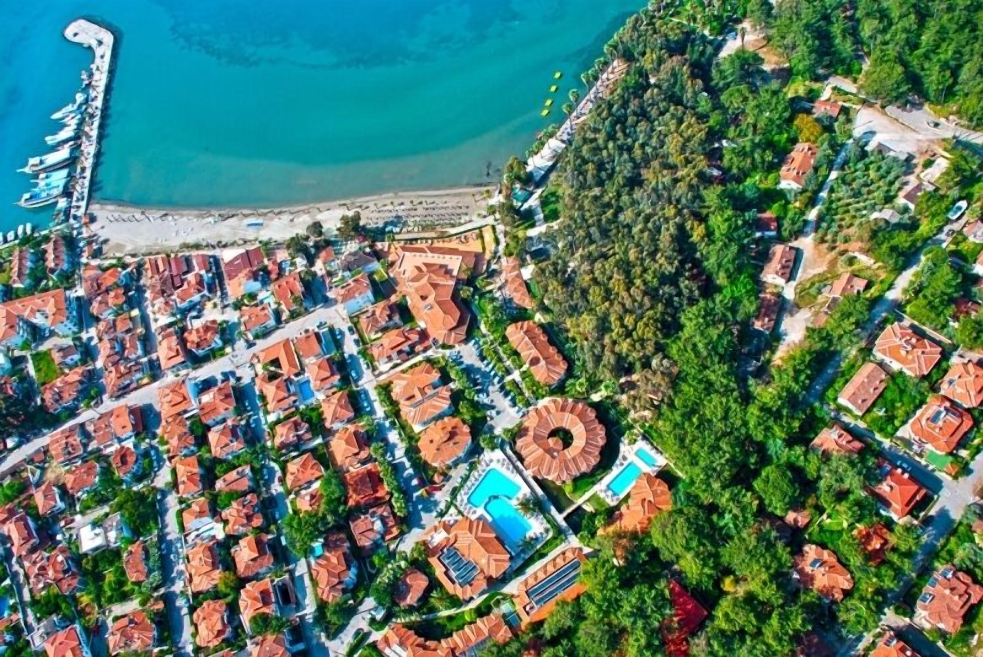 An aerial view of a coastal residential area with houses, a beach, and a pier.