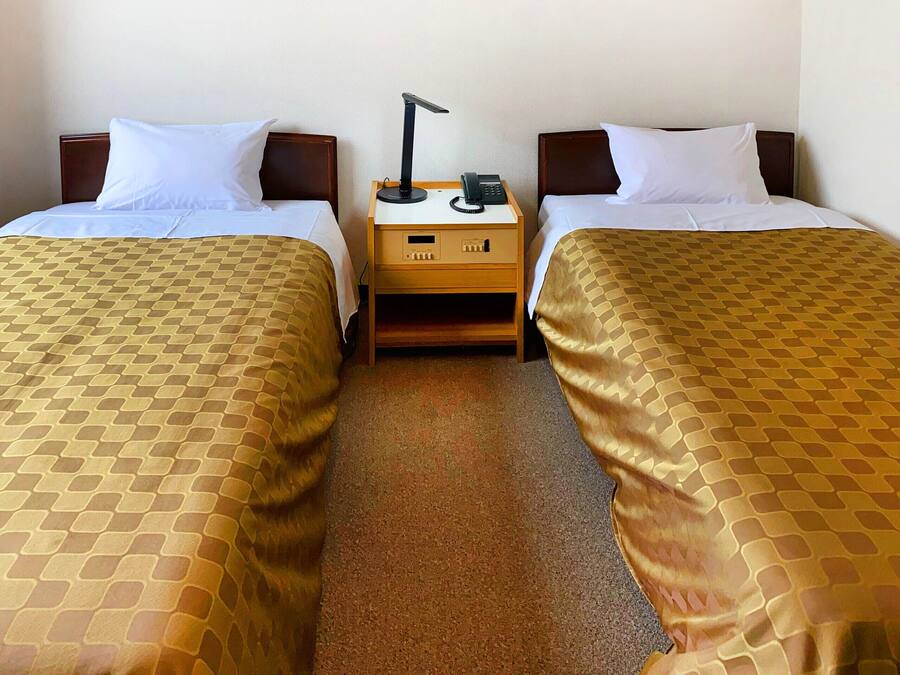 A hotel room with two single beds, each with a patterned bedspread, a wooden nightstand with a telephone and a desk lamp, and a carpeted floor.