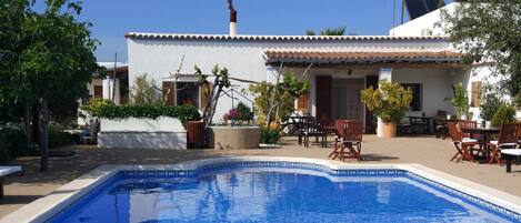 Outdoor pool, pool umbrellas, pool loungers